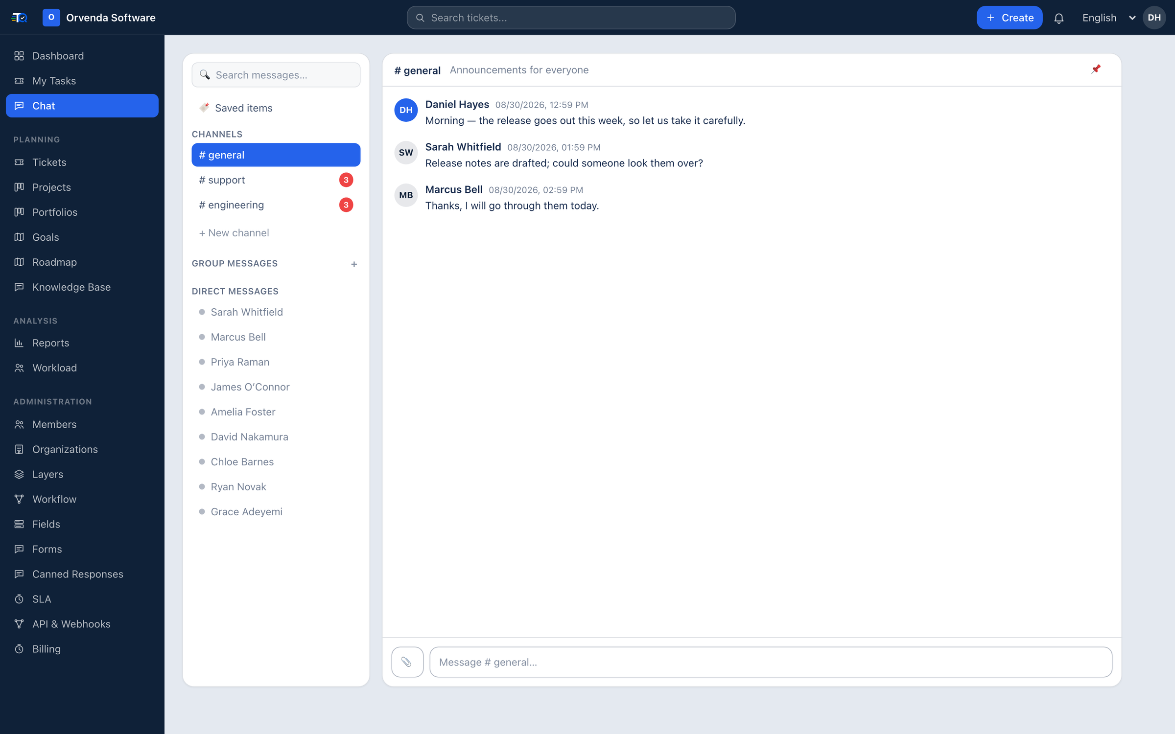 TaskTraQ team chat with channels and direct messages